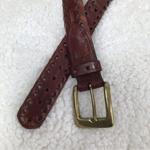 Brown Leather Brass Buckle Perforated Weave Belt - Picture 5 of 9